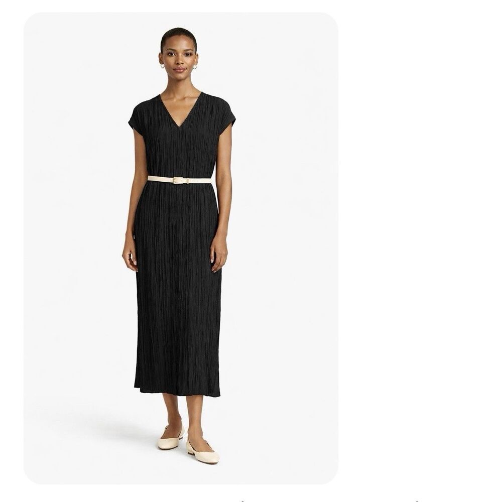 Vince Crushed Silk Black Midi Dress XS V Neck Pleated Minimalist Quiet Luxury - Picture 5 of 11